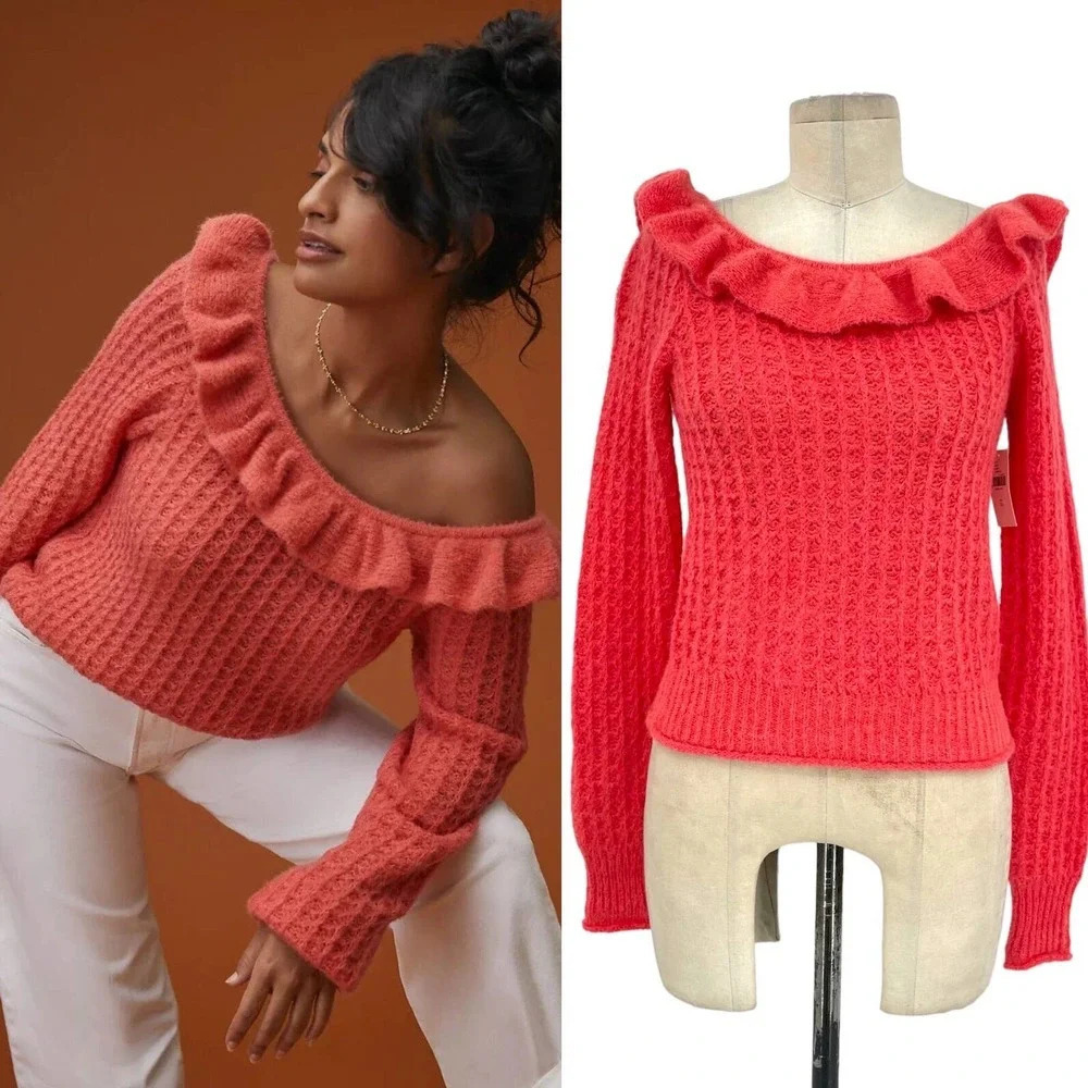 Anthropologie Sweater Ruffled Boat Neck‎ Knit Wool Blend Pink Coral Size XS